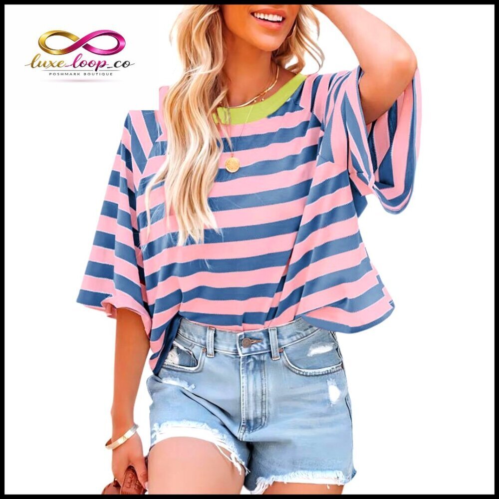 Oversized Striped V-Neck Tee Loose Fit Summer Casual Color Block T-Shirt